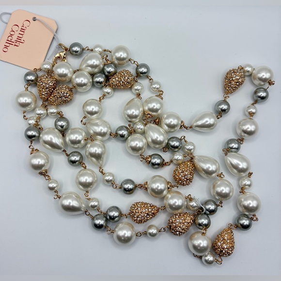 NWT Camila Coehlo Elegant Gold and Silver Pearl Necklace 60” - Picture 3 of 4